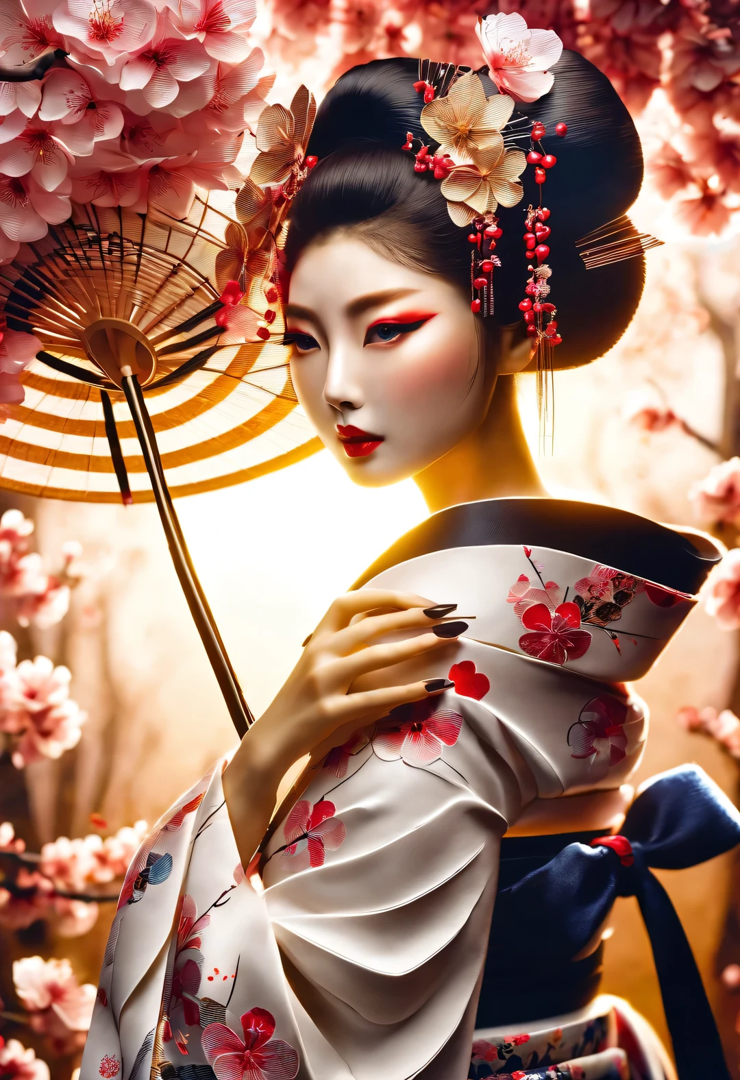 (Geisha de pie graciosamente bajo los cerezos en flor), Exquisito abanico de papel con flores de cerezo, Todo su cuerpo,
El maquillaje base es muy blanco., Sin modificaciones de luces y sombras. El maquillaje blanco en su rostro cubría su rostro y cuello., Pero no todo el maquillaje de labios rojos es en los labios.. Los labios son bocas pequeñas que son más pequeñas que el área normal de los labios.. El delineador de ojos grueso puede resaltar el contorno de ojos., Fortalecer los ojos, Hacer que las pupilas parezcan más oscuras y profundas., Y la forma de la ceja unida es llamativa sin ser ostentosa., Limpia toda la cara, Maquillaje típico de geisha japonesa,
Vistiendo un precioso kimono bordado con flores de cerezo negras y doradas., Este es un kimono de manga larga., Usar zuecos japoneses,
fondo: Bajo la puesta de sol, Muchos pétalos rojos de cerezo caen uno tras otro, marrón oscuro y azul,
Retrato surrealista, Representación realista de luces y sombras., Fotos reales y exageradas., calidad súper alta, Detalles súper detallados, filmación de película,