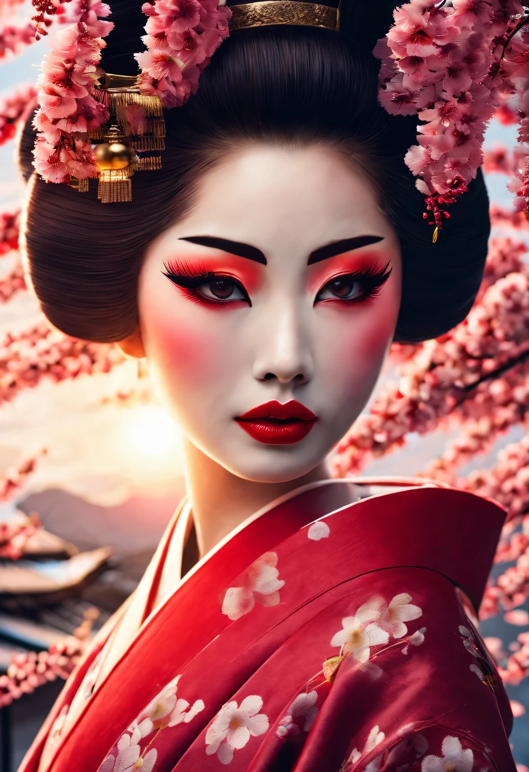 A geisha stands gracefully under the cherry blossoms, There are a lot more, Many red cherry blossom petals fall one after another,
White base makeup on girl&#39;s face without any highlight or shadow decoration. All-white makeup covering face and neck. Red lip makeup is a small mouth that is smaller than the normal lip area. Thick eyeliner can emphasize the eye contour, Strengthen eyes, Pupils appear dark and deep. One-line eyebrows are eye-catching without being harsh, And the whole face is clean. Typical Japanese Geisha makeup,
Wearing a gorgeous kimono embroidered with black and gold cherry blossoms, This is a long-sleeved kimono, Wearing Japanese clogs,
background: under the sunset, Many red cherry blossom petals fall one after another, deep pink and blue,
Surrealism, Realistic depiction of light and shadow, Real and exaggerated photos, super high quality, Super detailed details, movie shot, shallow view deep,