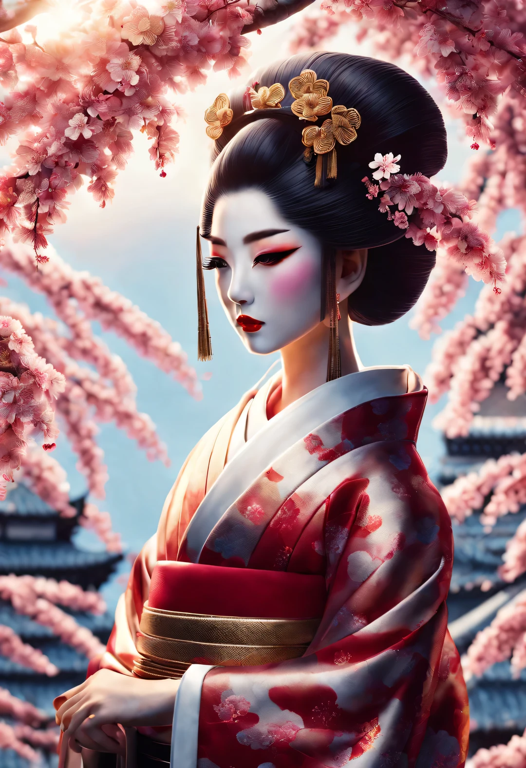 A woman in a kimono is standing under a cherry tree - SeaArt AI