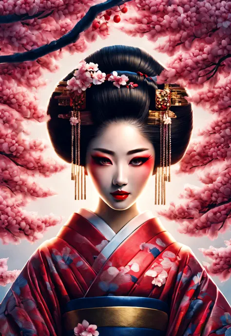 A geisha stands gracefully under the cherry blossoms, There are a lot more, Many red cherry blossom petals fall one after anothe...