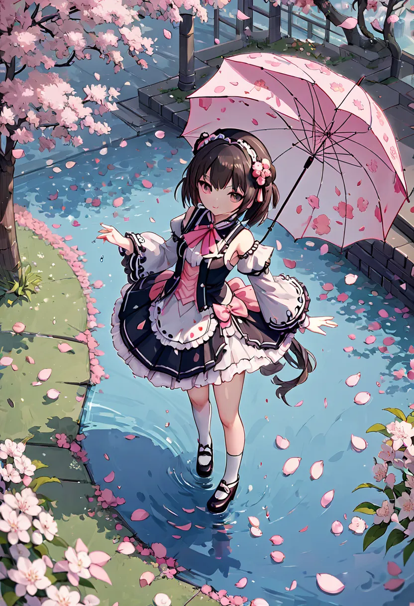 girl, Sakura, from above, looking at viewer, petals dancing down, Lolita costume, umbrella, water, junoesque, masterful, noon, (...