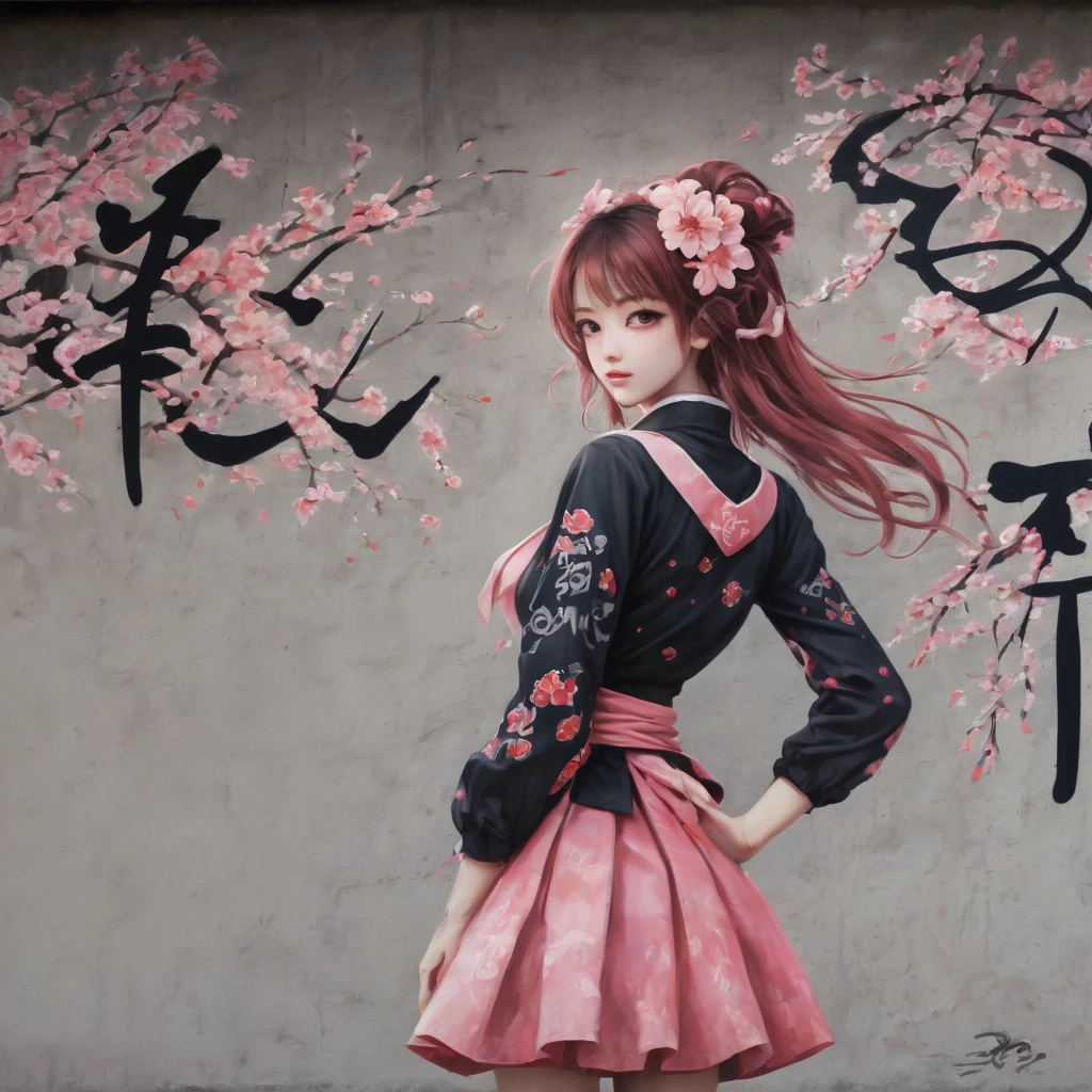 (masterpiece, best quality), Graffiti of a magical sakura maiden, on a street wall, signed by the word "TUPU".