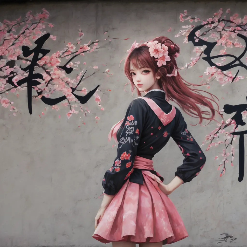 (masterpiece, best quality), graffiti of a magical sakura maiden, on a street wall, signed by the word "tupu".