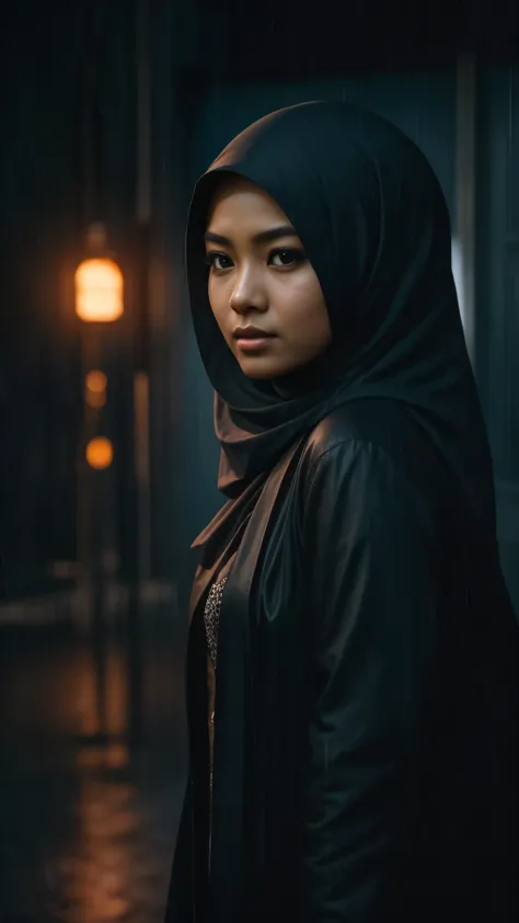Imagine the Malay girl in hijab as the main character in a classic film noir. Enhance the drama with moody lighting, shadows, an...