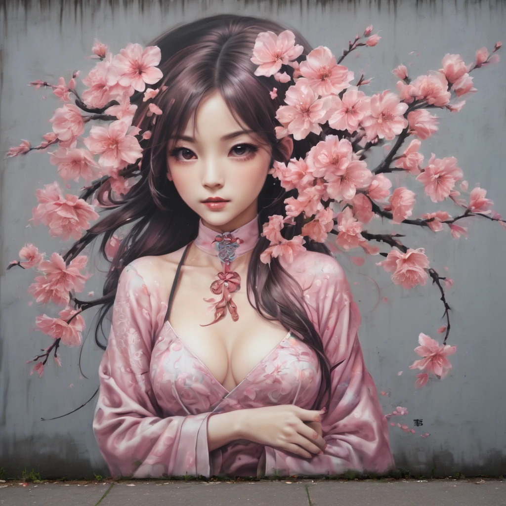 (masterpiece, best quality), Graffiti of a magical sakura maiden, on a street wall, signed by the word "TUPU".