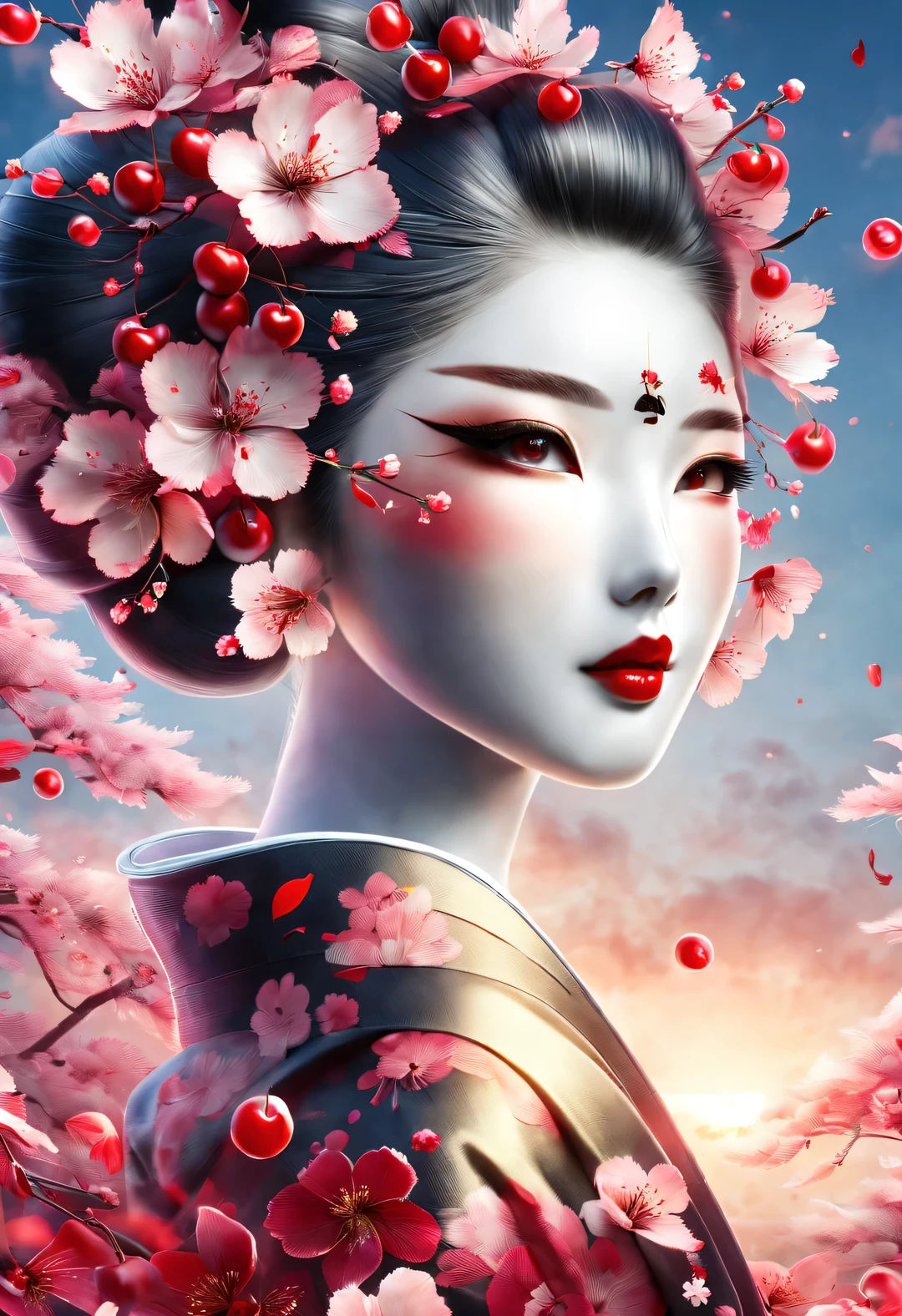 A geisha stands gracefully under the cherry blossoms, There are a lot more, Many red cherry blossom petals fall one after another,
White base makeup on girl&#39;s face without any highlight or shadow decoration. All-white makeup covering face and neck. Red lip makeup is a small mouth that is smaller than the normal lip area. Thick eyeliner can emphasize the eye contour, Strengthen eyes, Pupils appear dark and deep. One-line eyebrows are eye-catching without being harsh, And the whole face is clean. Typical Japanese Geisha makeup,
Wearing a gorgeous kimono embroidered with black and gold cherry blossoms, This is a long-sleeved kimono, Wearing Japanese clogs,
background: under the sunset, Many red cherry blossom petals fall one after another, deep pink and blue,
Surrealism, Realistic depiction of light and shadow, Real and exaggerated photos, super high quality, Super detailed details, movie shot, shallow view deep,