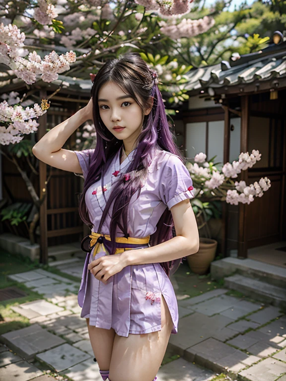 22 years old japanese girl. Long brown hair and tied beautifully. Grey eyes. Photo realistic. Wear a beautiful layered gold long  glamour kimono. Elegant, calm and prosperous. Random pose with umbrella and sakura flowers. On the sakura tree where many sakura flowers falls down... 