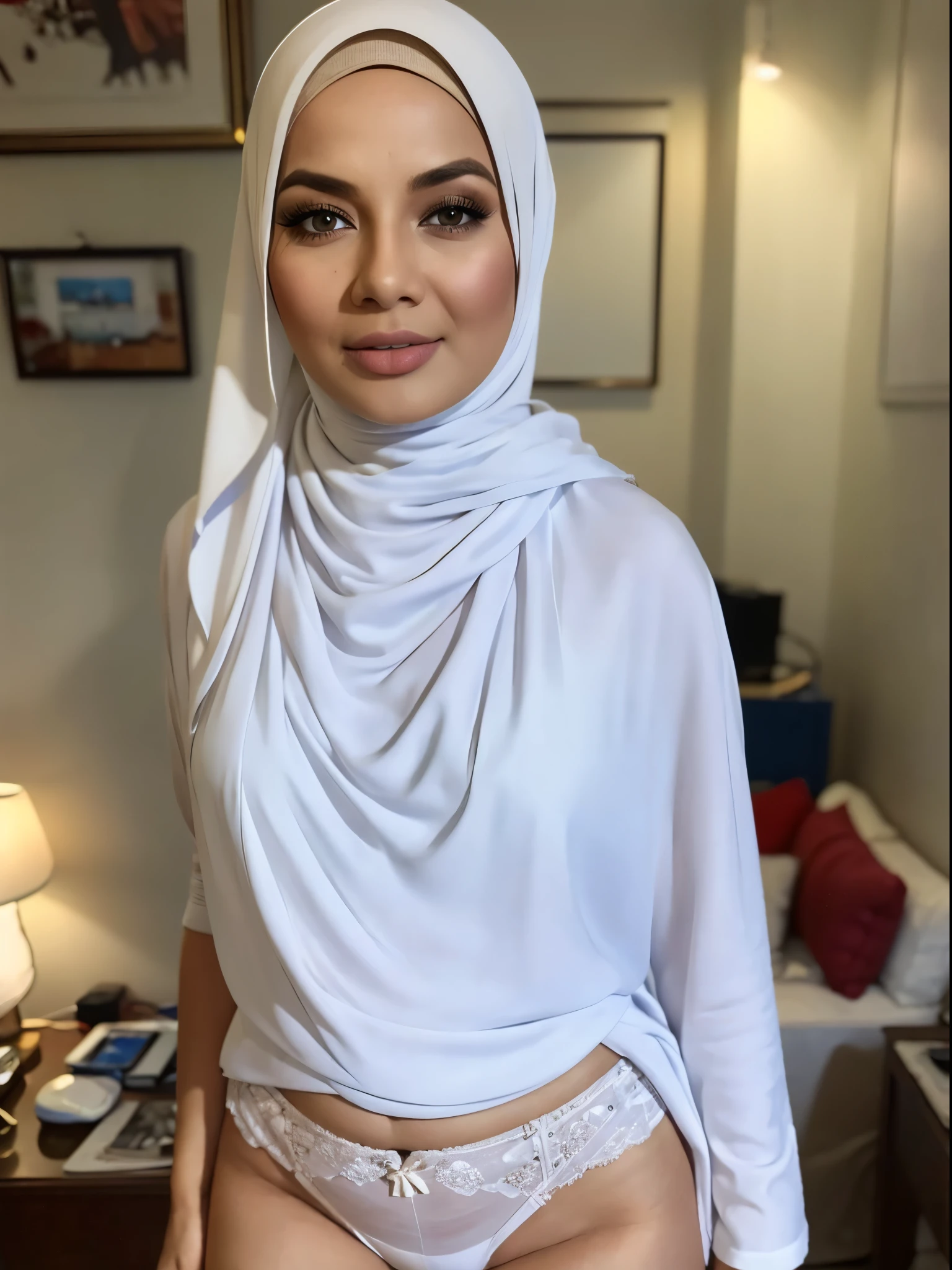 A close up of a woman wearing a white hijab and panties - SeaArt AI