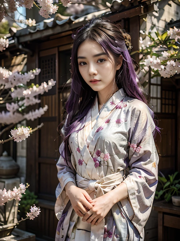 22 years old japanese girl. Long brown hair and tied beautifully. Grey eyes. Photo realistic. Wear a beautiful layered gold long  glamour kimono. Elegant, calm and prosperous. Random pose with umbrella and sakura flowers. On the sakura tree where many sakura flowers falls down... 