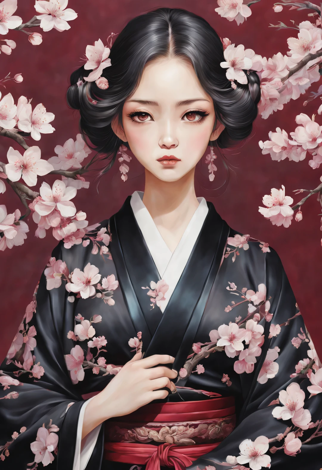 Chica Sakura con kimono negro，Adopta a Miho Hirano、Becky Clongola Keys、botón、carta&#39;Estilo，Pintura original de Sakura，melancolía colorida，Gótico oscuro y precioso，escarlata，Retrato barroco，Decoración extensa，arabesque/carrete