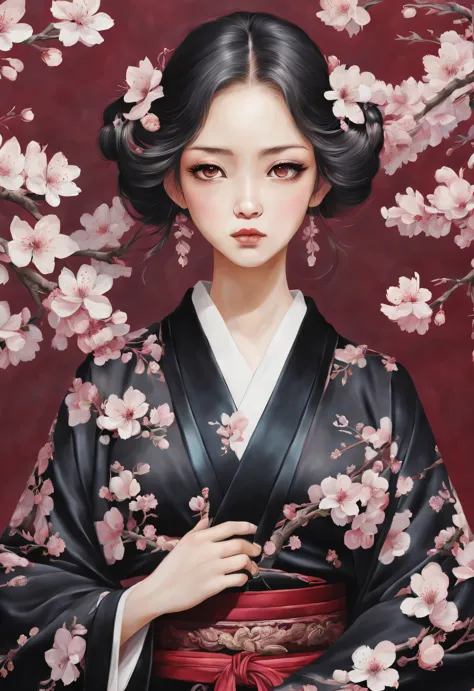 Sakura girl wearing black kimono，Adopt Miho Hirano、Becky Clongola Keys、button、letter&#39;style，Sakura original painting，colorful...