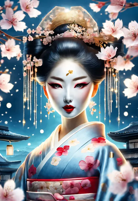 Geisha stands gracefully under the cherry blossoms, Red cherry blossom petals fall one after another,
White makeup on a girl’s f...