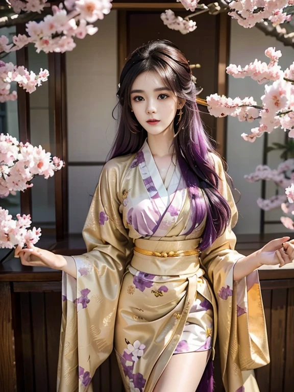 22 years old japanese girl. Long brown hair and tied beautifully. Grey eyes. Photo realistic. Wear a beautiful layered gold long  glamour kimono. Elegant, calm and prosperous. Random pose with umbrella and sakura flowers. On the sakura tree where many sakura flowers falls down... 