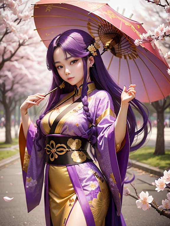 22 years old japanese girl. Long brown hair and tied beautifully. Grey eyes. Photo realistic. Wear a beautiful layered gold long  glamour kimono. Elegant, calm and prosperous. Random pose with umbrella and sakura flowers. On the sakura tree where many sakura flowers falls down... 