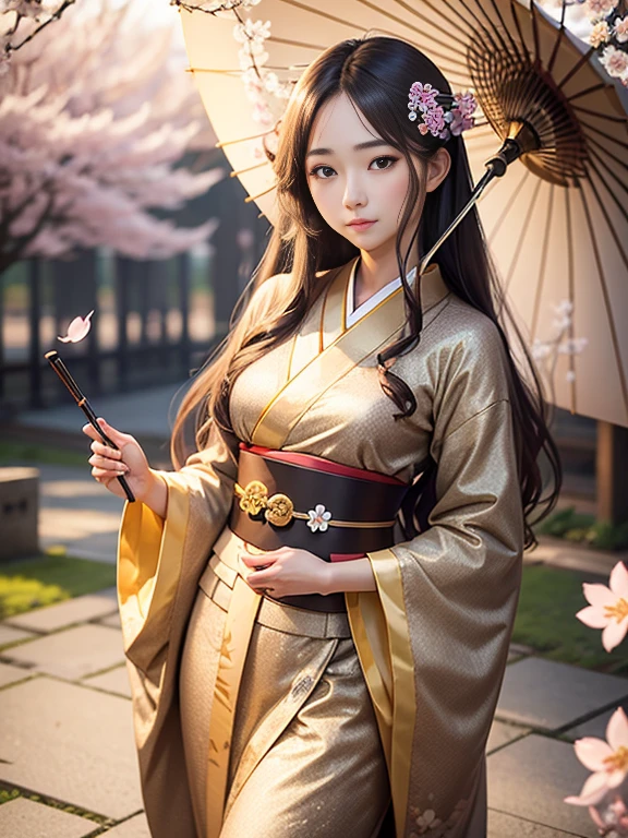 22 years old japanese girl. Long brown hair and tied beautifully. Grey eyes. Photo realistic. Wear a beautiful layered gold long  glamour kimono. Elegant, calm and prosperous. Random pose with umbrella and sakura flowers. On the sakura tree where many sakura flowers falls down... 