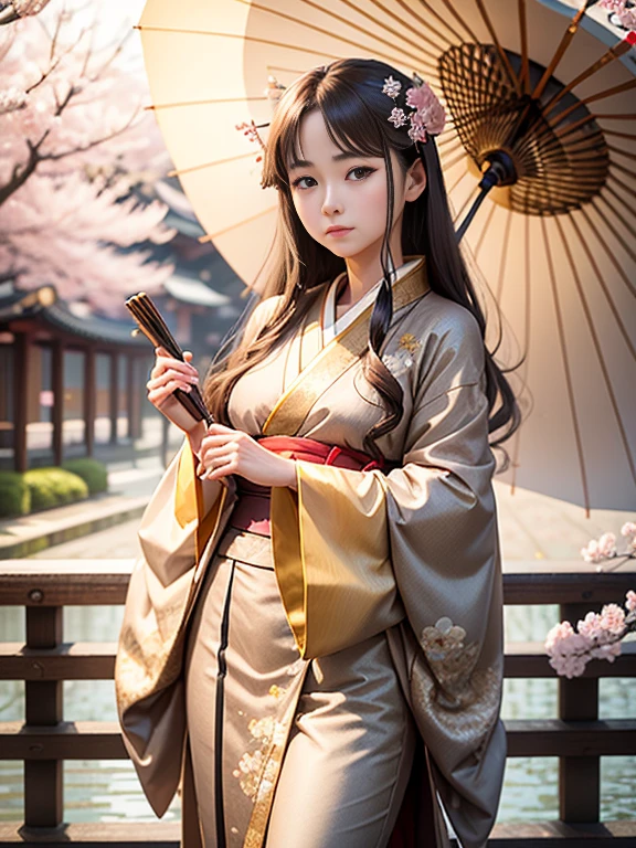 22 years old japanese girl. Long brown hair and tied beautifully. Grey eyes. Photo realistic. Wear a beautiful layered gold long  glamour kimono. Elegant, calm and prosperous. Random pose with umbrella and sakura flowers. On the sakura tree where many sakura flowers falls down... 