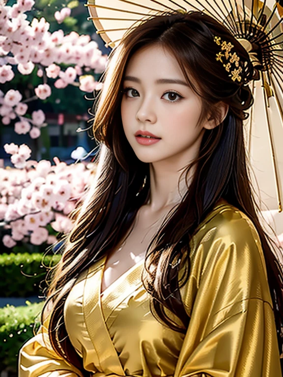 22 years old japanese girl. Long brown hair and tied beautifully. Grey eyes. Photo realistic. Wear a beautiful layered gold long  glamour kimono. Elegant, calm and prosperous. Random pose with umbrella and sakura flowers. On the sakura tree where many sakura flowers falls down... 