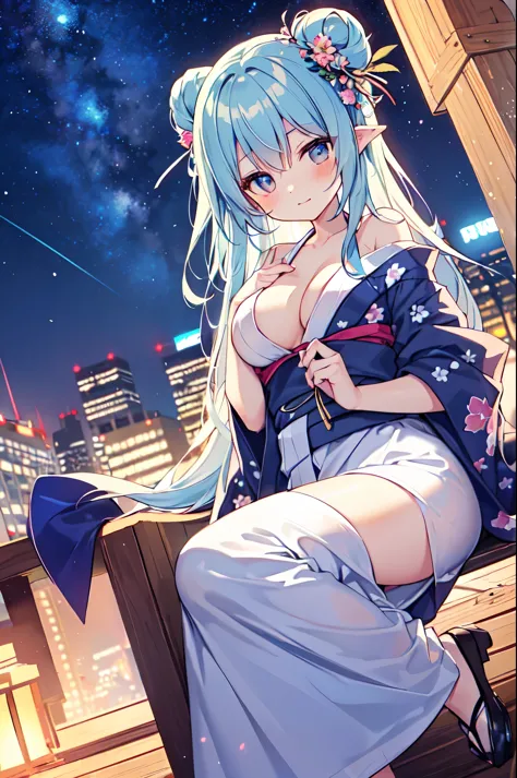 （masterpiece）、(highest quality)、((Super detailed))、(super delicate)、pastel colored hair、beautiful breasts、yukata、Hot spring at night、fantastic starry sky