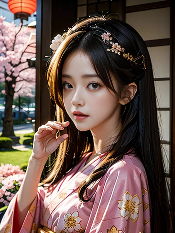 22 years old japanese girl. Long brown hair and tied beautifully. Grey eyes. Photo realistic. Wear a beautiful layered gold long  glamour kimono. Elegant, calm and prosperous. Random pose with umbrella and sakura flowers. On the sakura tree where many sakura flowers falls down... 