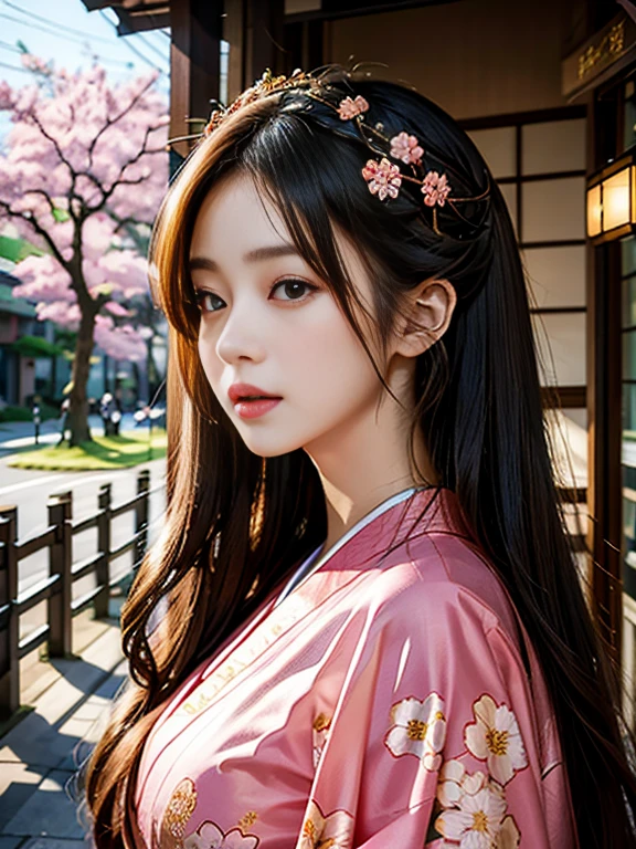 22 years old japanese girl. Long brown hair and tied beautifully. Grey eyes. Photo realistic. Wear a beautiful layered gold long  glamour kimono. Elegant, calm and prosperous. Random pose with umbrella and sakura flowers. On the sakura tree where many sakura flowers falls down... 