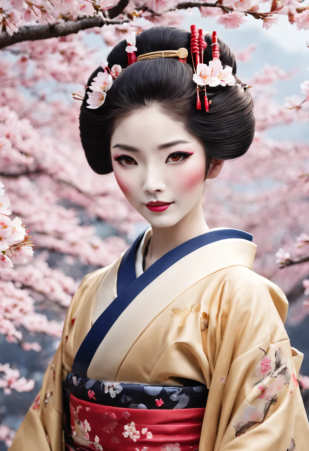 (Geisha stands gracefully under the cherry blossoms, Look back and smile: 1.37), Many red cherry blossom petals fall one after another, (whole body)
White makeup on a girl’s face without highlights and shadows. The entire white foundation covers the face and neck. Red lip makeup is a small mouth area that is smaller than normal lips. Thick eyeliner can highlight the outline of the eyes, Strengthen eyes, And make the pupils appear dark and deep. Straight eyebrows are eye-catching but not stiff, Make the whole face clean. Typical Japanese Geisha makeup,
Wearing a gorgeous kimono embroidered with black and gold cherry blossoms, This is a long-sleeved kimono, Wearing Japanese clogs,
background: Deep streets under the moonlight, White and black,
Surrealism, Realistic depiction of light and shadow, Real and exaggerated photos, super high quality, Super details, movie shot, shallow view deep,