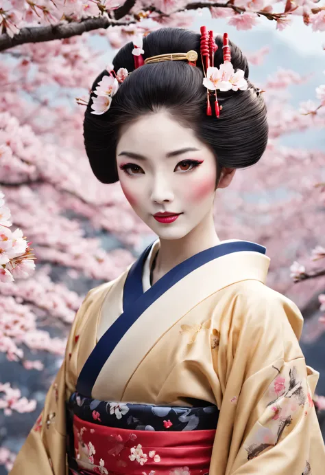 (geisha stands gracefully under the cherry blossoms, look back and smile: 1.37), many red cherry blossom petals fall one after a...