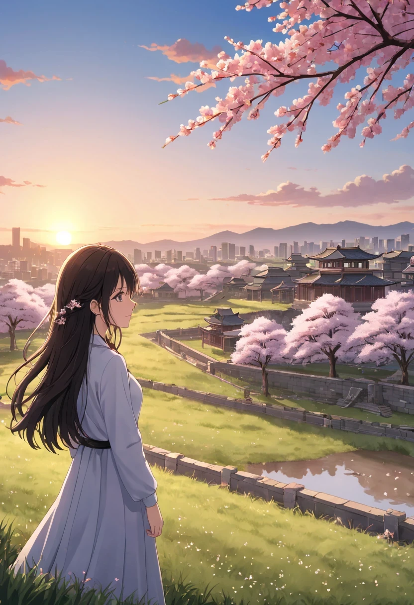 Woman under the cherry tree，Gaze at the distant skyline，The sunset and the ancient capital create a beautiful scenery，west wind blows girl&#39;long hair，Sunset，Sunset，cloud，fallen flowers，ancient city，Cherry tree，mottled，grassland，Silent and desolate，