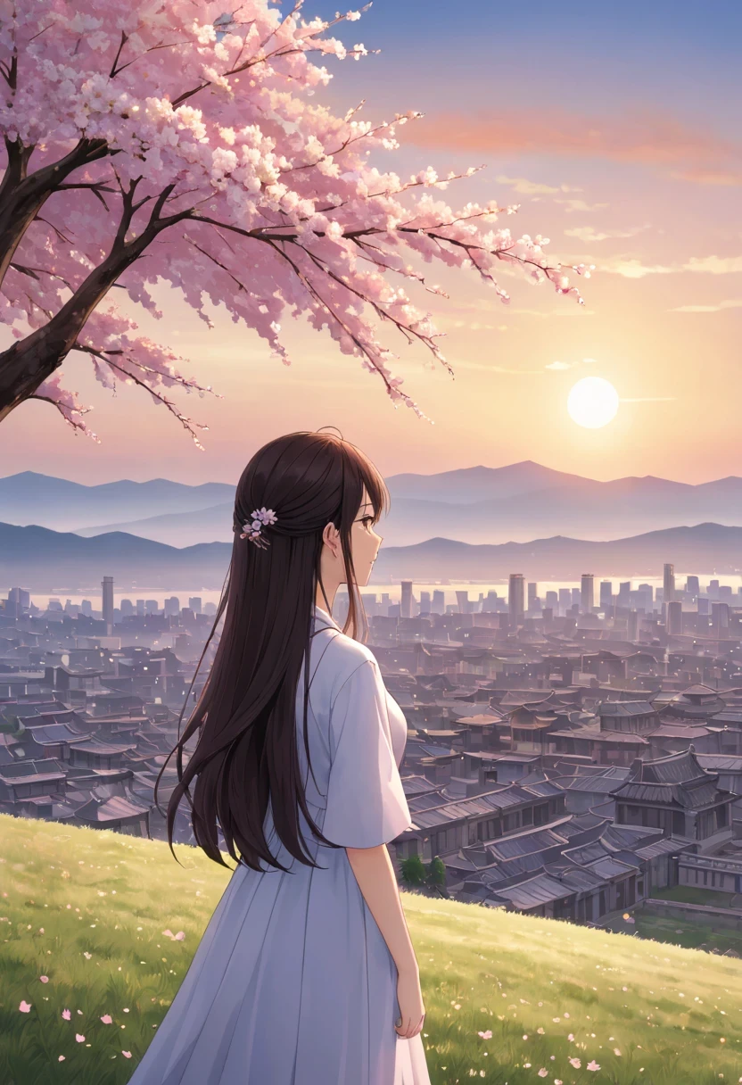 Woman under the cherry tree，Gaze at the distant skyline，The sunset and the ancient capital create a beautiful scenery，west wind blows girl&#39;long hair，Sunset，Sunset，cloud，fallen flowers，ancient city，Cherry tree，mottled，grassland，Silent and desolate，