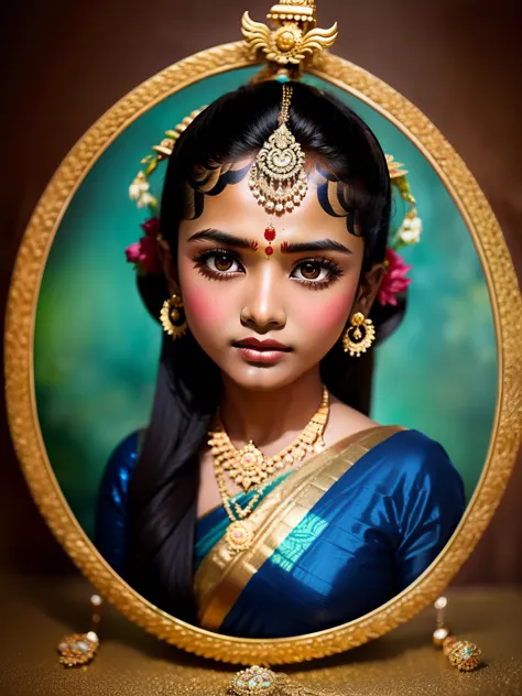hindu goddess-like indian girl. inian paint effect, blue color skin