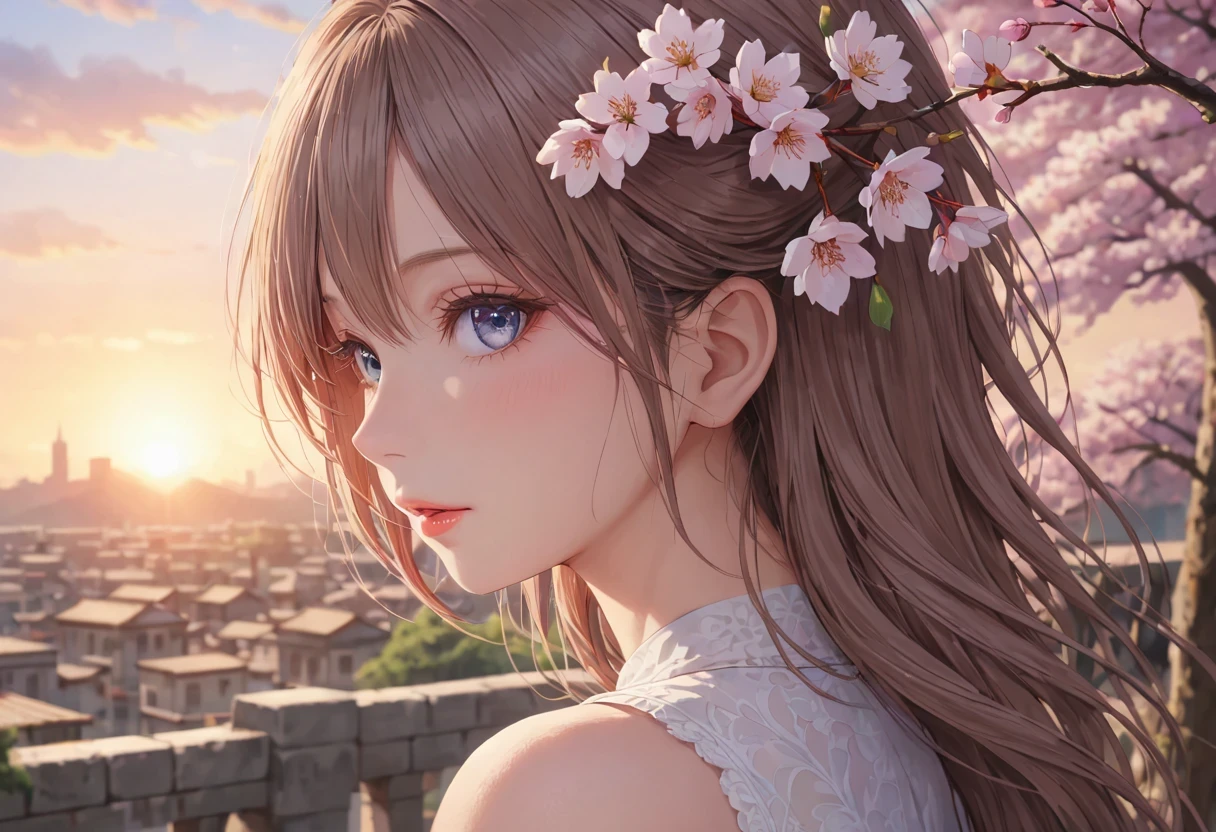 (best quality,4K,8K,high resolution,masterpiece:1.2),super detailed,(current,photocurrent,photo-current:1.37),Woman under the cherry blossoms tree，portrait,beautiful and delicate eyes,beautiful and delicate lips,Extremely detailed eyes and face,long eyelashes,Styling posture,Cherry blossoms，ancient city houses,flowing hair,Looking at the distant skyline,The sunset shines on the ancient ,Create a beautiful landscape,The wind blows the girl&#39;ancient city hair,Sunset,Sunset,colorful clouds,Cherry blossoms petals falling,ancient capital,Light bare trees,mottled,Overgrown,quiet and desolate,contour,backLight,Contrast of Light and shadow,haze,Light,film grain