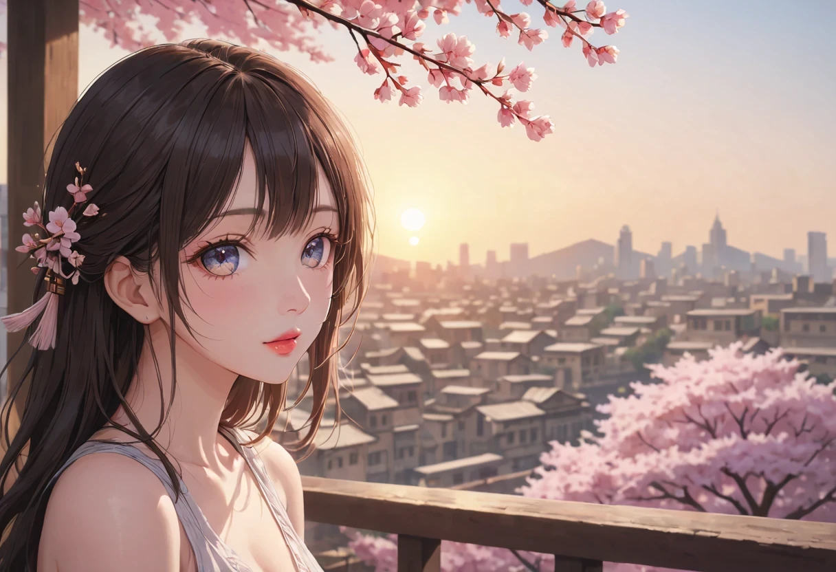 (best quality,4K,8K,high resolution,masterpiece:1.2),super detailed,(current,photocurrent,photo-current:1.37),Woman under the cherry blossoms tree，portrait,beautiful and delicate eyes,beautiful and delicate lips,Extremely detailed eyes and face,long eyelashes,Styling posture,Cherry blossoms，ancient city houses,flowing hair,Looking at the distant skyline,The sunset shines on the ancient ,Create a beautiful landscape,The wind blows the girl&#39;ancient city hair,Sunset,Sunset,colorful clouds,Cherry blossoms petals falling,ancient capital,Light bare trees,mottled,Overgrown,quiet and desolate,contour,backLight,Contrast of Light and shadow,haze,Light,film grain