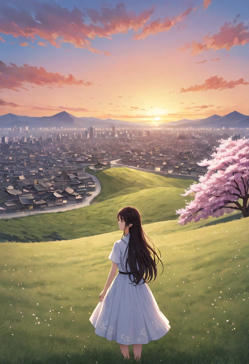 Cherry tree下的女人，Gaze at the distant skyline，那Sunset余晖与古老的都城映造出一道美丽的风景，west wind blows girl&#39;long hair，Sunset，Sunset，cloud，fallen flowers，ancient city，Cherry tree，mottled，grassland，Silent and desolate，