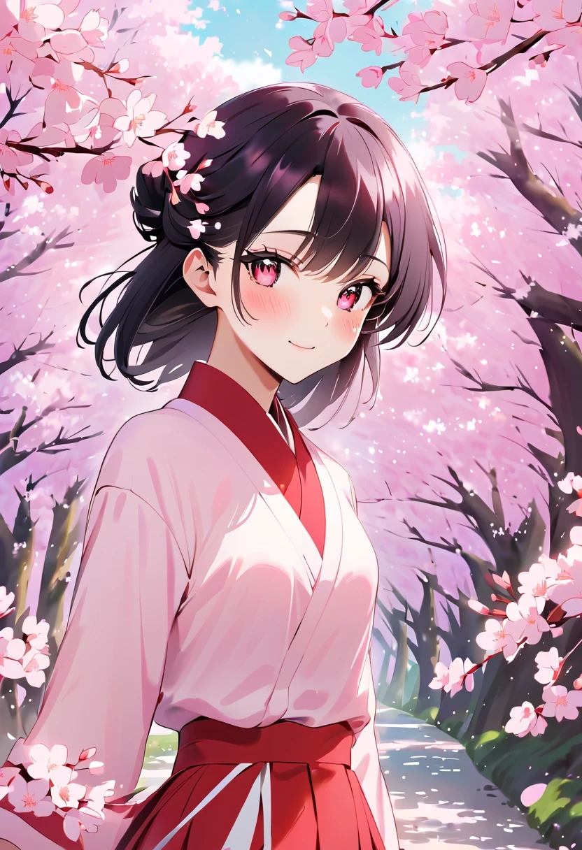 bright colors、strong contrast,simple, direct and cruel,personalization and expression，There is one wearing a red and white skirt，手里拿着一束Cherry blossoms, Cherry blossoms丛中的女孩,  Cherry blossoms, 拿着 Cherry blossoms, 选一朵 Cherry blossoms, 站在 Cherry blossoms田里的女孩, 站在 Cherry blossoms田里的女孩,  Cherry blossoms献给继承人&#39;cheek,  Cherry blossoms田里的女孩, Cherry blossoms田里的女孩肖像, girl walking in the forest, 戴着Cherry blossoms的女孩