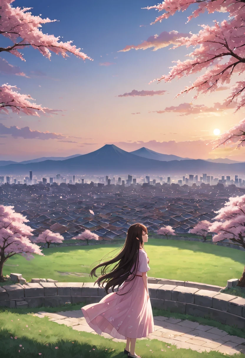 Cherry tree下的女人，Gaze at the distant skyline，那Sunset余晖与古老的都城映造出一道美丽的风景，west wind blows girl&#39;long hair，Sunset，Sunset，cloud，fallen flowers，ancient city，Cherry tree，mottled，grassland，Silent and desolate，