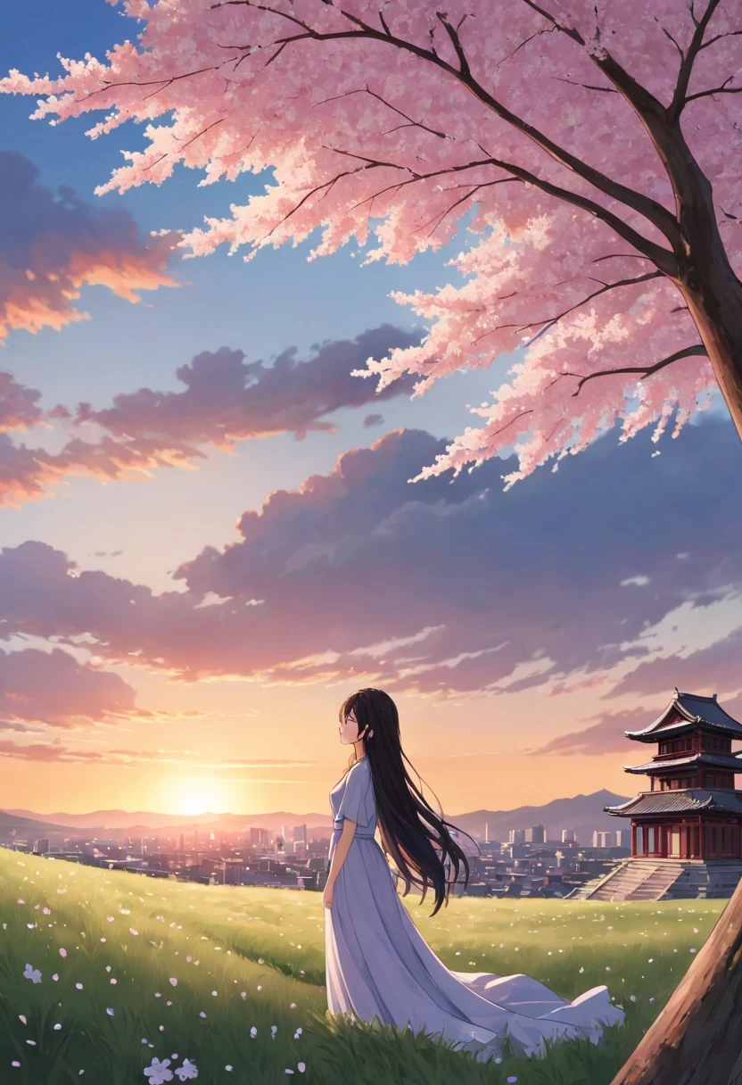 Woman under the cherry tree，Gaze at the distant skyline，The sunset and the ancient capital create a beautiful scenery，west wind blows girl&#39;long hair，Sunset，Sunset，cloud，fallen flowers，ancient city，Cherry tree，mottled，grassland，Silent and desolate，