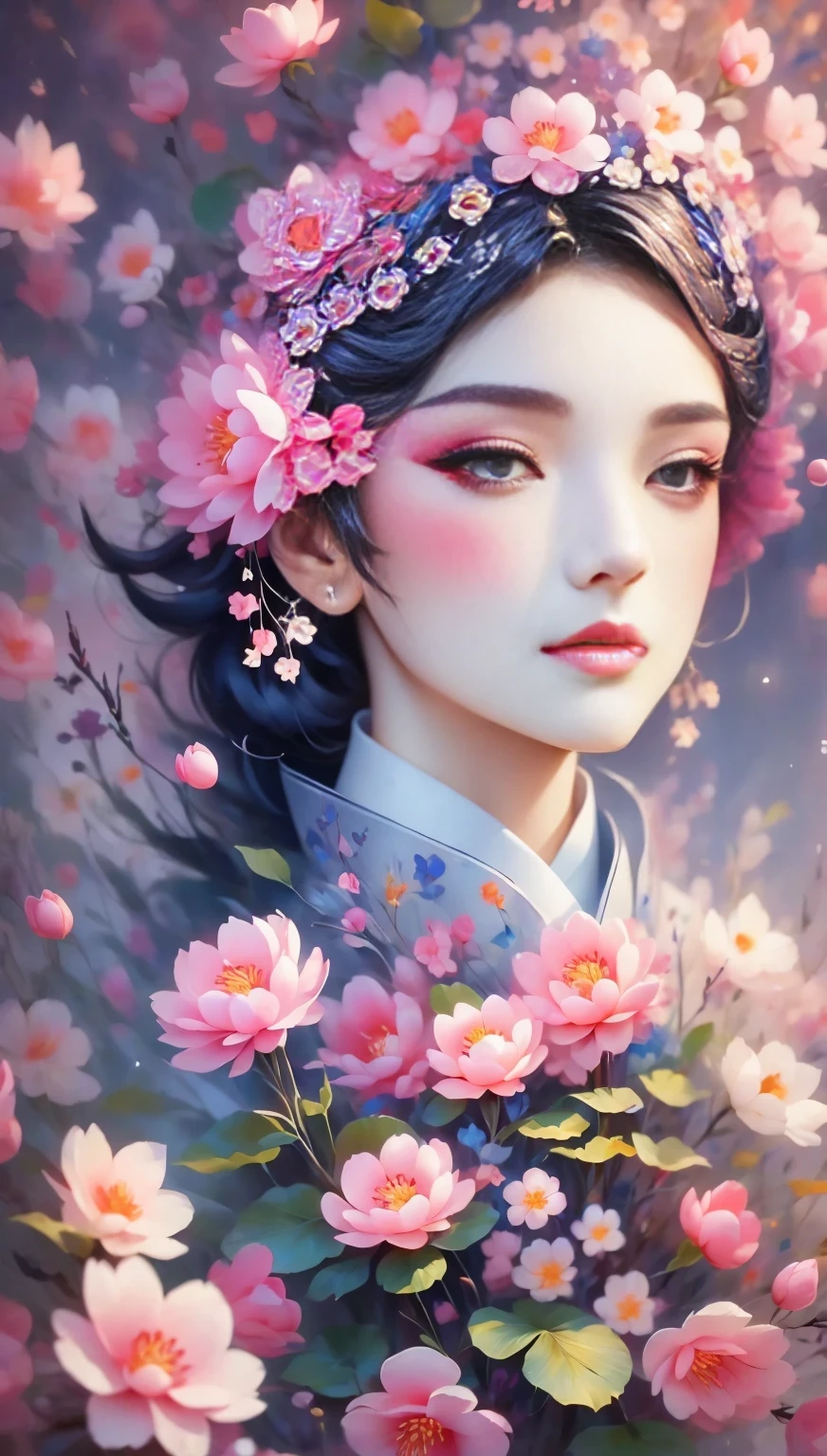 (((Baiyun，Sakura background))), (((high saturation))), ((surrounded by brilliant colors)))) super detailed, Beautiful and beautiful, masterpiece, best quality, (tangled, mandala, tangled, twist), (Fractal art: 1.3), 1 girl, Very detailed, dynamic angle, cowboy shooting, Chaos in its most beautiful form, elegant, brutalist design, bright colors, romanticism, Michael Mraz, Adrian Gurney, Petra Courtright, Atmospheric, ecstatic notes, Mobile phone notes are visible