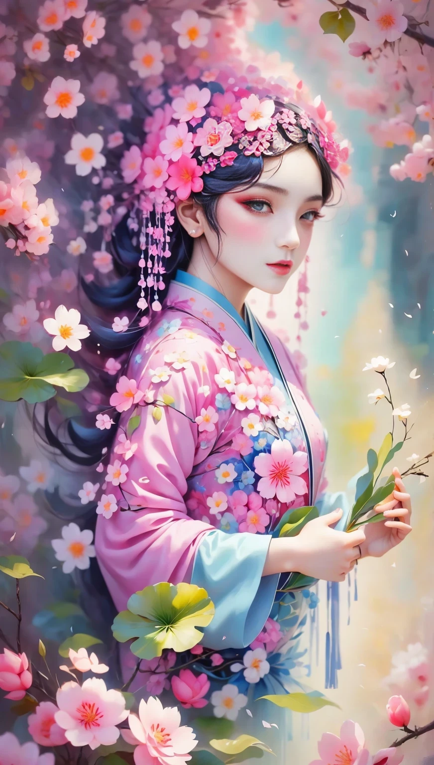 (((Baiyun，Sakura background))), (((high saturation))), ((surrounded by brilliant colors)))) super detailed, Beautiful and beautiful, masterpiece, best quality, (tangled, mandala, tangled, twist), (Fractal art: 1.3), 1 girl, Very detailed, dynamic angle, cowboy shooting, Chaos in its most beautiful form, elegant, brutalist design, bright colors, romanticism, Michael Mraz, Adrian Gurney, Petra Courtright, Atmospheric, ecstatic notes, Mobile phone notes are visible