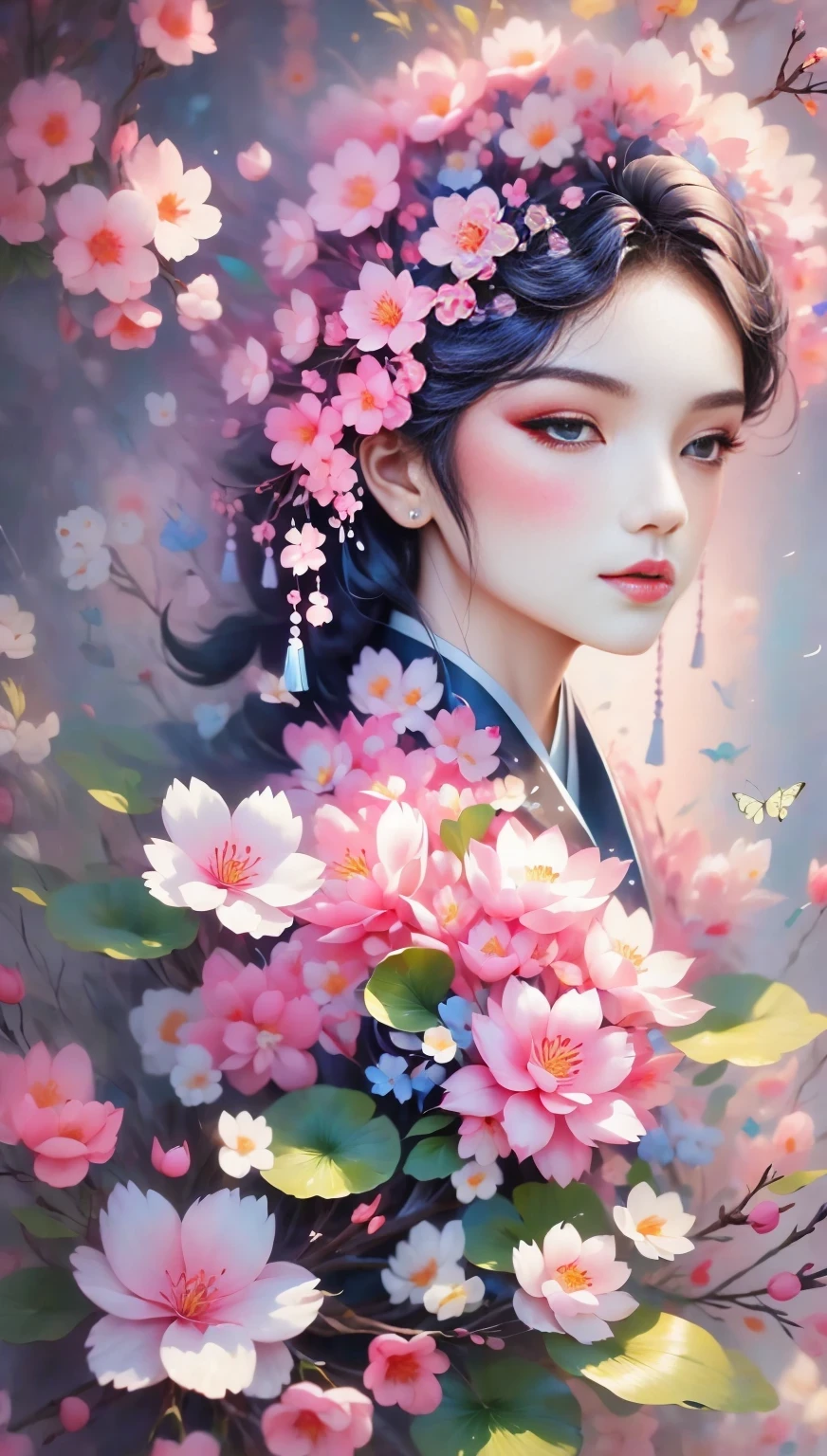 (((Baiyun，Sakura background))), (((high saturation))), ((surrounded by brilliant colors)))) super detailed, Beautiful and beautiful, masterpiece, best quality, (tangled, mandala, tangled, twist), (Fractal art: 1.3), 1 girl, Very detailed, dynamic angle, cowboy shooting, Chaos in its most beautiful form, elegant, brutalist design, bright colors, romanticism, Michael Mraz, Adrian Gurney, Petra Courtright, Atmospheric, ecstatic notes, Mobile phone notes are visible