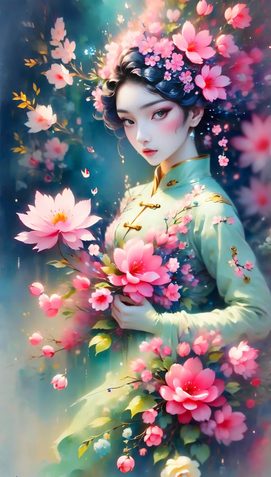 (((Baiyun，Sakura background))), (((high saturation))), ((surrounded by brilliant colors)))) super detailed, Beautiful and beautiful, masterpiece, best quality, (tangled, mandala, tangled, twist), (Fractal art: 1.3), 1 girl, Very detailed, dynamic angle, cowboy shooting, Chaos in its most beautiful form, elegant, brutalist design, bright colors, romanticism, Michael Mraz, Adrian Gurney, Petra Courtright, Atmospheric, ecstatic notes, Mobile phone notes are visible