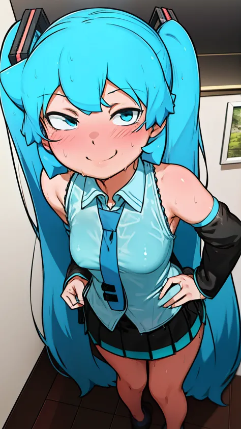 (masterpiece, best quality:1.2), (1girl:1.12), Hatsune Miku, twintales, very long hair, surprised, necktie, micro skirt, detached sleeves, cute, looking at viewer, standing, indoors, museum, day, (blush:1.06), (smirk, smile:1.04), solo, blue hair, astonish...
