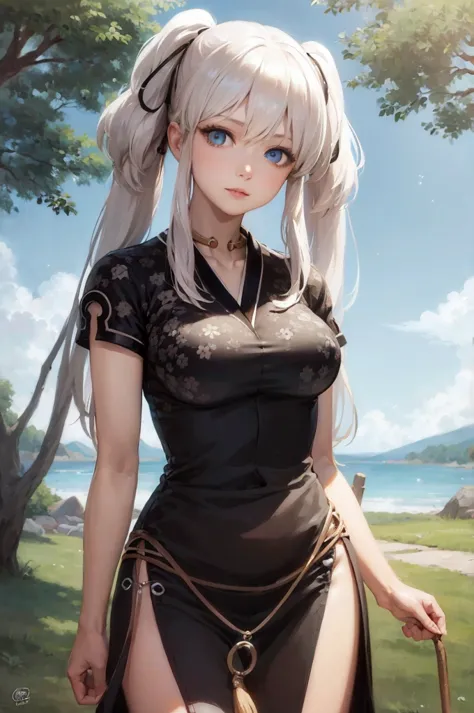 anime girl with long blonde hair and blue eyes in a black dress, cute anime waifu in a nice dress, guweiz, artwork in the style ...