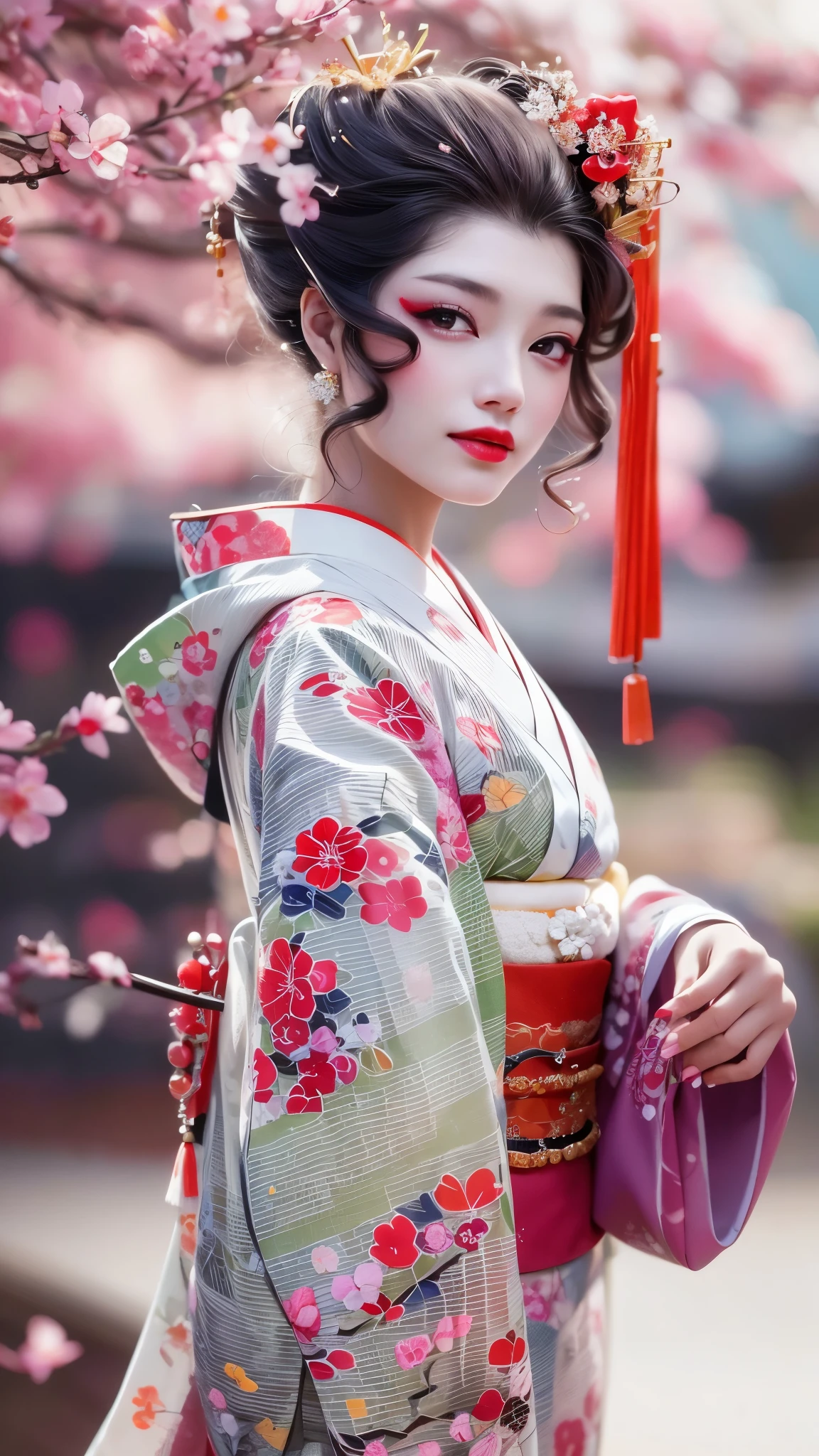 (A geisha girl gracefully stands under cherry blossoms, looking back and smiling: 1.37), many red cherry blossom petals fall one after another, (whole body) The white base makeup on the girl's face has no highlights or shadow decorations. The entire white foundation covers the face and neck. Red lip makeup is a small mouth area smaller than normal lips. The thick and thin eyeliner pencil can highlight the contour of the eyes, strengthen the eyes, and make the pupils appear dark and deep. A straight eyebrow is both eye-catching and not stiff, making the entire face cleaner. Typical Japanese geisha makeup, Wearing a magnificent kimono embroidered with black and gold cherry blossoms, this is a long sleeved kimono, wearing Japanese style clogs, Background: Deep streets and alleys under moonlight, white and black, Surrealism, realistic depiction of light and shadow, realistic and exaggerated photos, ultra-high quality, super details, cinematic shots, shallow depth of field,