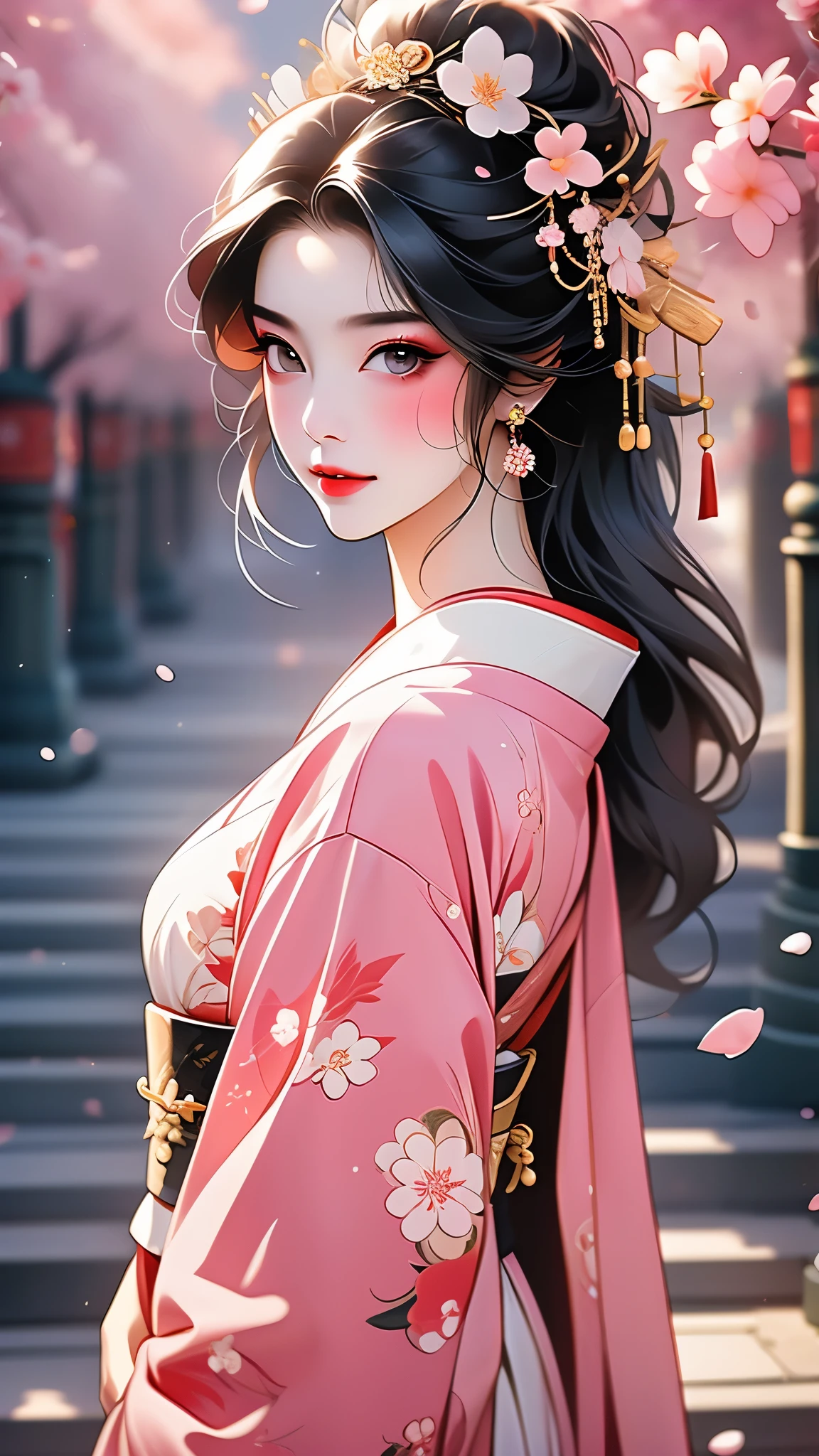 (A geisha girl gracefully stands under cherry blossoms, looking back and smiling: 1.37), many red cherry blossom petals fall one after another, (whole body) The white base makeup on the girl's face has no highlights or shadow decorations. The entire white foundation covers the face and neck. Red lip makeup is a small mouth area smaller than normal lips. The thick and thin eyeliner pencil can highlight the contour of the eyes, strengthen the eyes, and make the pupils appear dark and deep. A straight eyebrow is both eye-catching and not stiff, making the entire face cleaner. Typical Japanese geisha makeup, Wearing a magnificent kimono embroidered with black and gold cherry blossoms, this is a long sleeved kimono, wearing Japanese style clogs, Background: Deep streets and alleys under moonlight, white and black, Surrealism, realistic depiction of light and shadow, realistic and exaggerated photos, ultra-high quality, super details, cinematic shots, shallow depth of field,