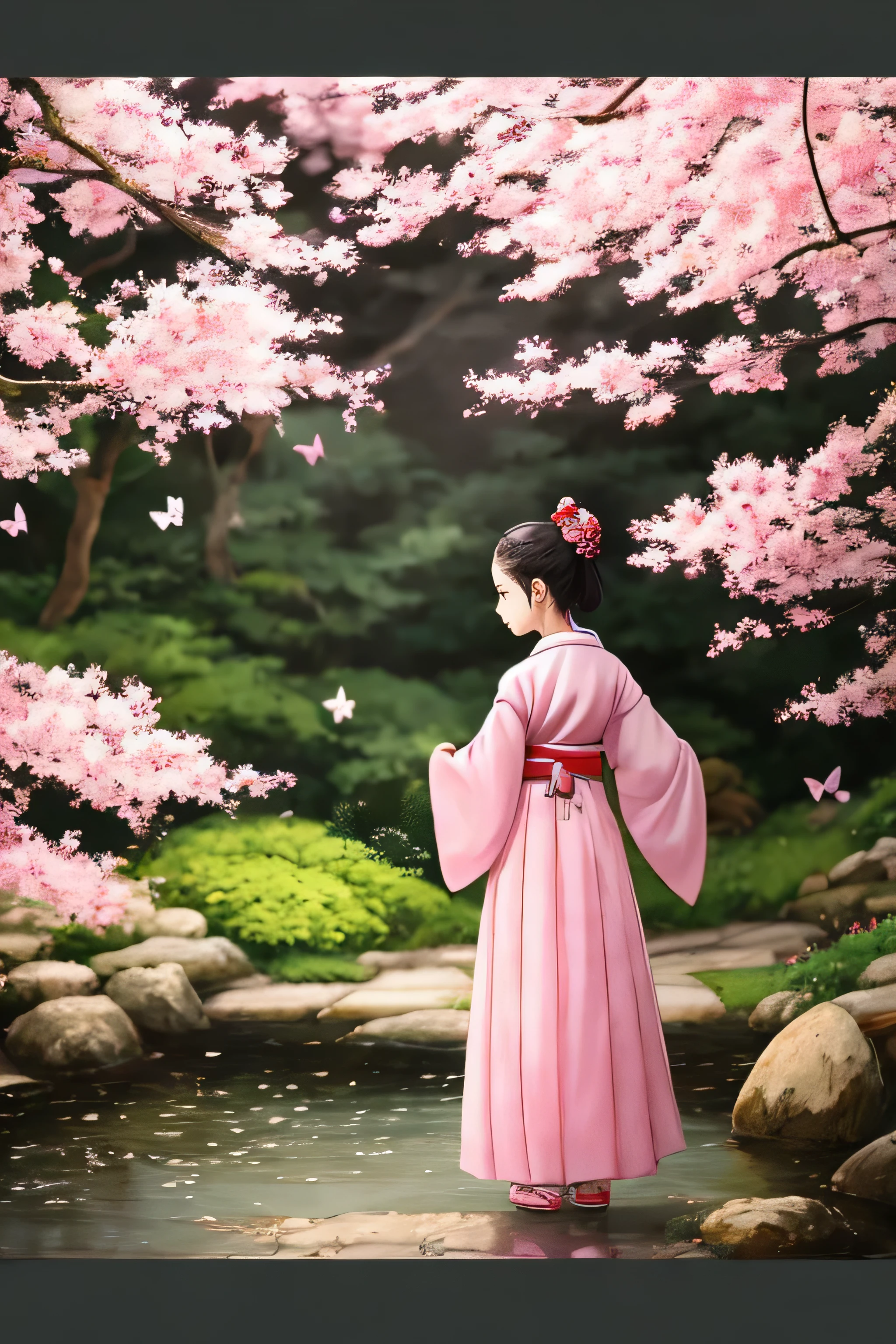 (beste Qualität, 4K, 8K, Hohe Auflösung, chef-d&#39;Kunstwerk) ultra-detailliert, : Ein asiatisches Mädchen in Hanbok (Vollansicht) avec des fleurs de cerisier: Schöne, detaillierte Augen, schöne detaillierte Lippen, extrem detaillierte Augen und Gesicht, Mädchen in einem Kirschblütengarten in Japan, DURCHSCHNITT: Ölgemälde&#39;Öl, fond naturel, Kirschblütenblätter, süße Sonne, expression sereine, fließendes Kleid, leichter Duft,  brise, farbenfrohe Blumen, tanzende Schmetterlinge, couleurs subtiles, zarte Pinselarbeit, Stil&#39;traditionelle japanische Kunst, Harmonie mit der Natur, friedliche Atmosphäre