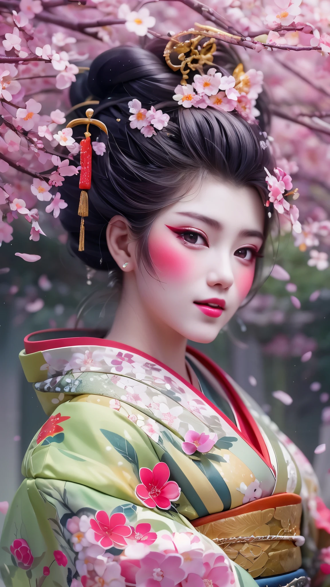 (A geisha girl gracefully stands under cherry blossoms, looking back and smiling: 1.37), many red cherry blossom petals fall one after another, (whole body) The white base makeup on the girl's face has no highlights or shadow decorations. The entire white foundation covers the face and neck. Red lip makeup is a small mouth area smaller than normal lips. The thick and thin eyeliner pencil can highlight the contour of the eyes, strengthen the eyes, and make the pupils appear dark and deep. A straight eyebrow is both eye-catching and not stiff, making the entire face cleaner. Typical Japanese geisha makeup, Wearing a magnificent kimono embroidered with black and gold cherry blossoms, this is a long sleeved kimono, wearing Japanese style clogs, Background: Deep streets and alleys under moonlight, white and black, Surrealism, realistic depiction of light and shadow, realistic and exaggerated photos, ultra-high quality, super details, cinematic shots, shallow depth of field,