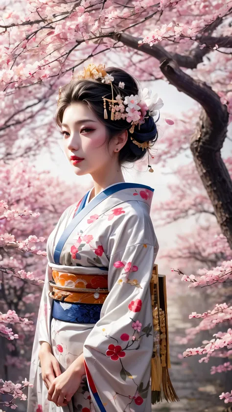 (A geisha girl gracefully stands under cherry blossoms, looking back and smiling: 1.37), many red cherry blossom petals fall one...