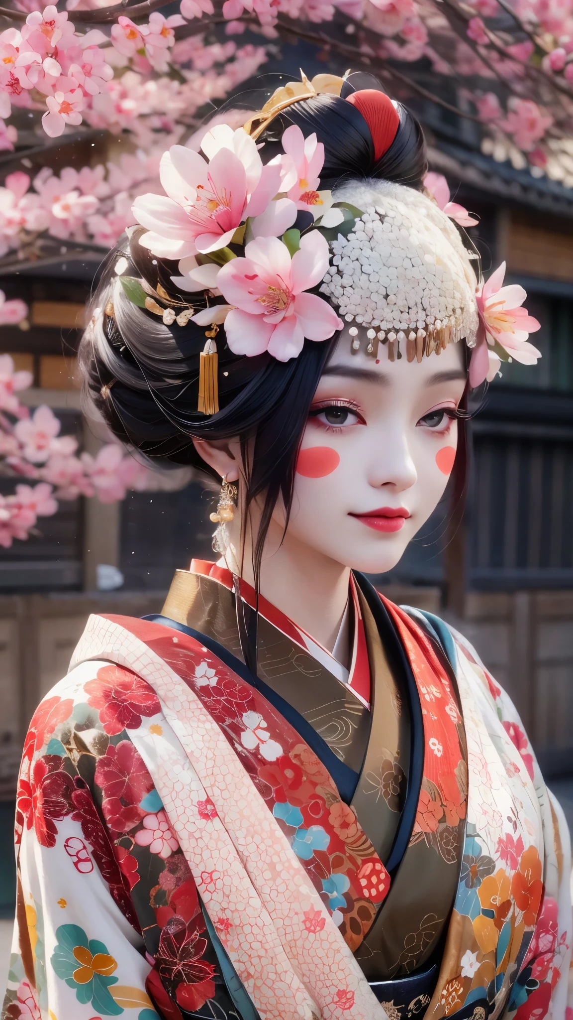 (A geisha girl gracefully stands under cherry blossoms, looking back and smiling: 1.37), many red cherry blossom petals fall one after another, (whole body) The white base makeup on the girl's face has no highlights or shadow decorations. The entire white foundation covers the face and neck. Red lip makeup is a small mouth area smaller than normal lips. The thick and thin eyeliner pencil can highlight the contour of the eyes, strengthen the eyes, and make the pupils appear dark and deep. A straight eyebrow is both eye-catching and not stiff, making the entire face cleaner. Typical Japanese geisha makeup, Wearing a magnificent kimono embroidered with black and gold cherry blossoms, this is a long sleeved kimono, wearing Japanese style clogs, Background: Deep streets and alleys under moonlight, white and black, Surrealism, realistic depiction of light and shadow, realistic and exaggerated photos, ultra-high quality, super details, cinematic shots, shallow depth of field,