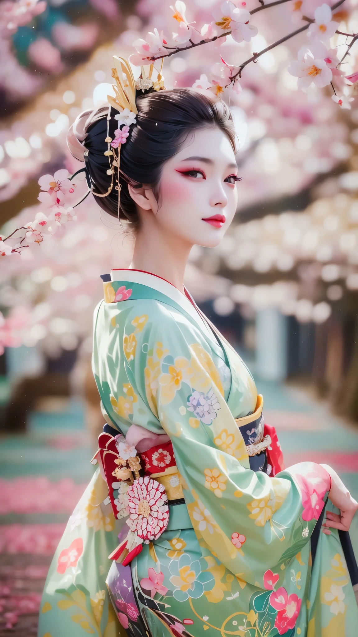 (A geisha girl gracefully stands under cherry blossoms, looking back and smiling: 1.37), many red cherry blossom petals fall one after another, (whole body) The white base makeup on the girl's face has no highlights or shadow decorations. The entire white foundation covers the face and neck. Red lip makeup is a small mouth area smaller than normal lips. The thick and thin eyeliner pencil can highlight the contour of the eyes, strengthen the eyes, and make the pupils appear dark and deep. A straight eyebrow is both eye-catching and not stiff, making the entire face cleaner. Typical Japanese geisha makeup, Wearing a magnificent kimono embroidered with black and gold cherry blossoms, this is a long sleeved kimono, wearing Japanese style clogs, Background: Deep streets and alleys under moonlight, white and black, Surrealism, realistic depiction of light and shadow, realistic and exaggerated photos, ultra-high quality, super details, cinematic shots, shallow depth of field,