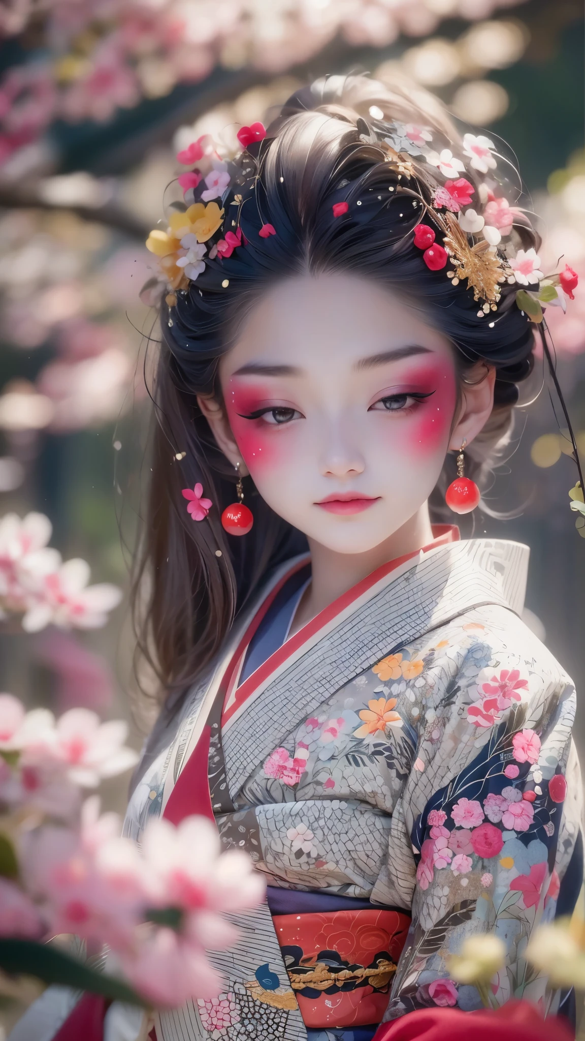 A geisha girl stood elegantly under cherry blossoms, looking back and smiling: 1.37. Many red cherry blossom petals fell one after another, all over her body,
The white foundation on the girl's face has no highlights or shadow decorations. The whole white foundation make-up covers the face and neck. Red lip makeup is a small mouth area smaller than normal lips. The thick and thin eyeliner pen can highlight the contour of the eyes, strengthen the eyes, and make the pupils look dark and deep. A straight eyebrow is both eye-catching and not stiff, making the entire face cleaner. Typical Japanese geisha makeup, wearing a gorgeous kimono embroidered with black and gold cherry blossoms, this is a long sleeved kimono, wearing Japanese clogs, background: deep streets and alleys under moonlight, white and black, surrealism, realistic depiction of light and shadow, realistic and exaggerated photos, ultra-high quality, super details, movie shots, shallow depth of field,