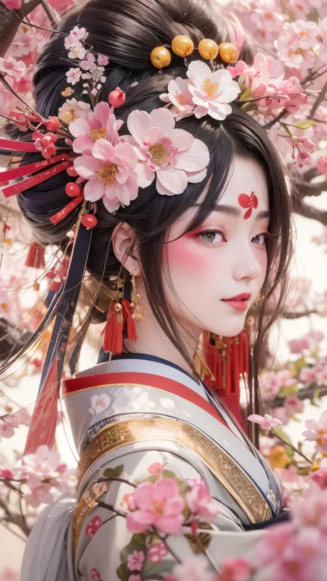 (An ancient geisha girl stood elegantly under cherry blossoms, looking back and smiling: 1.37), many red cherry blossom petals f...